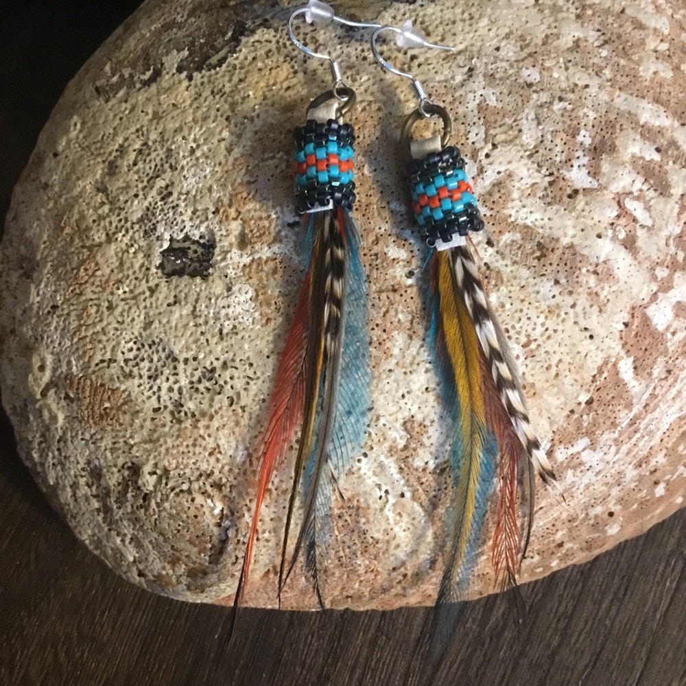 Handcrafted Bohemian Chic Peyote Beaded Festival Boho Earrings with Feathers